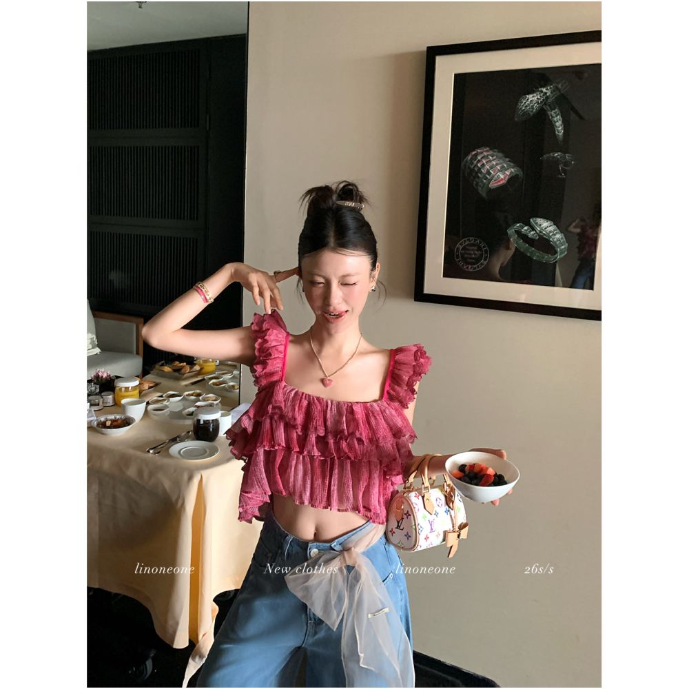 ASAYA7066 – Midnight Ruffle Layer Top 🖤✨