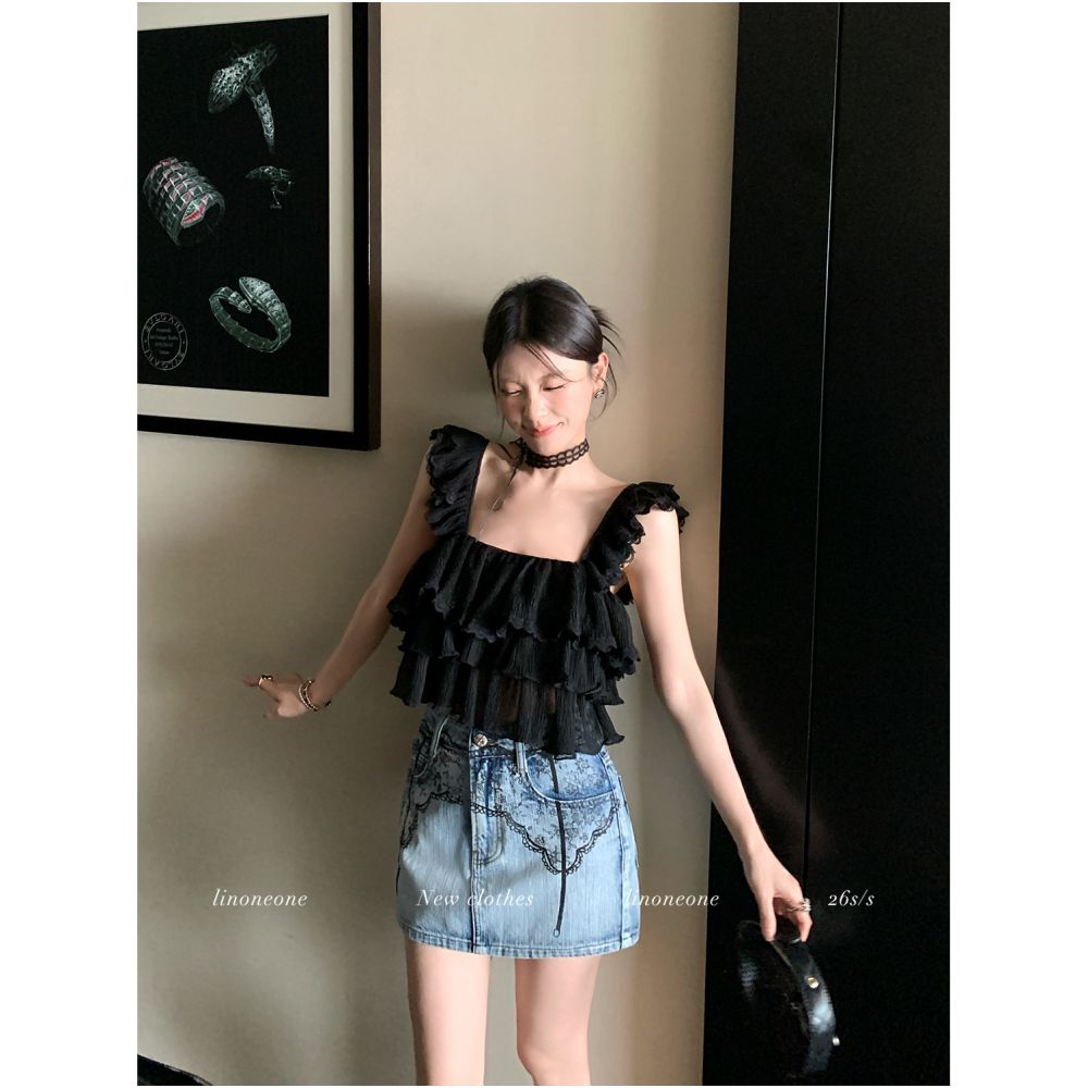 ASAYA7066 – Midnight Ruffle Layer Top 🖤✨