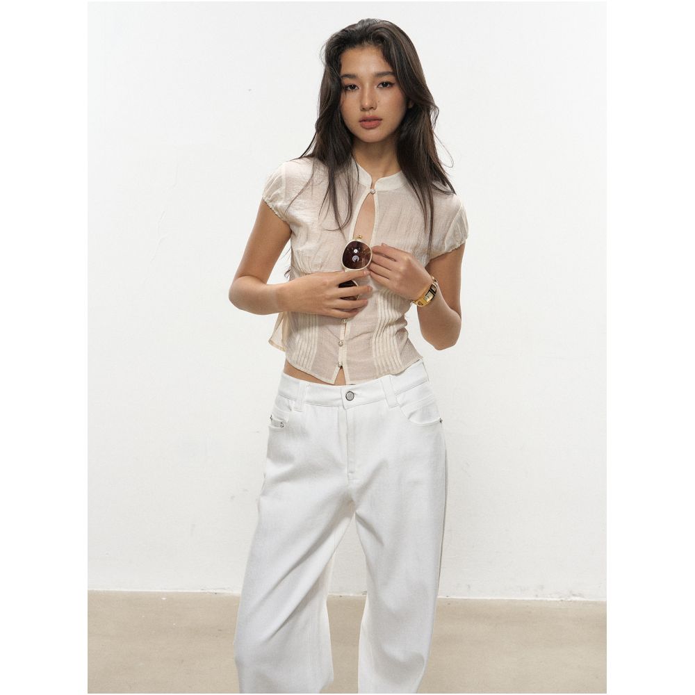CTheMoon French Tencel Resort Style Retro Pearl Button Stand Collar Hollowed out Top and A line Skirt Two Piece Set image 1