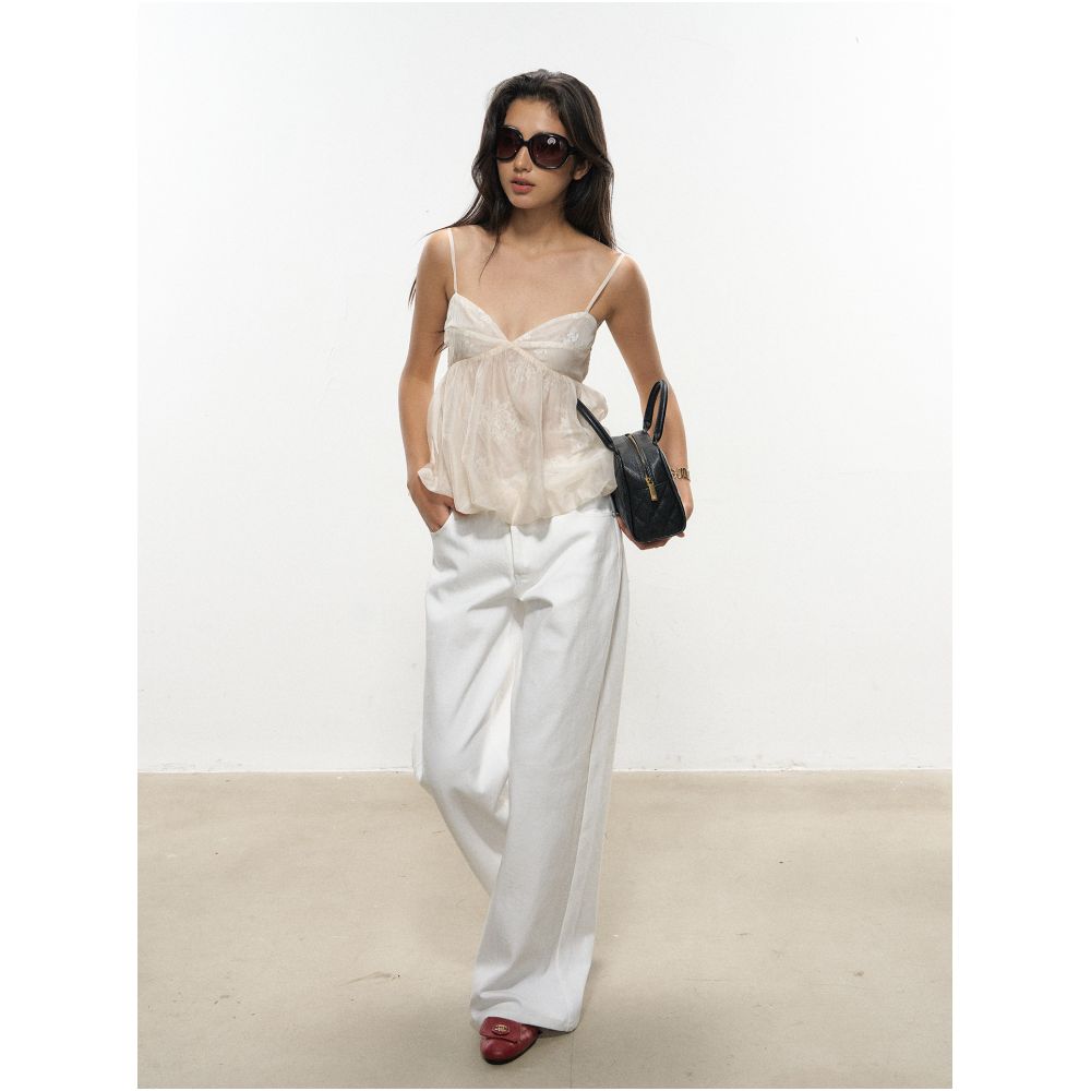 CTheMoon French Retro Resort Style Lace Overlay Tulle Camisole Top and Light Brown Short Suede Skirt Set image 2