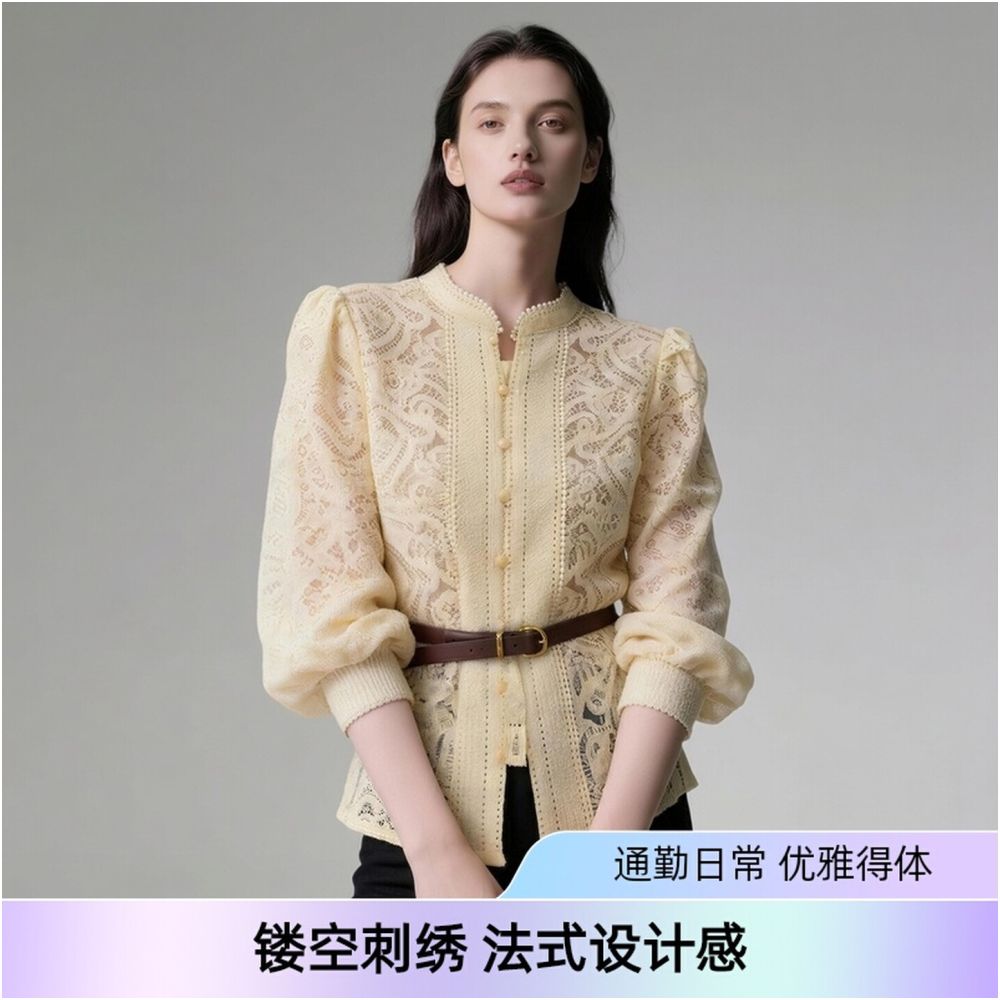 Unique and stunning pale yellow lace puff sleeve stand collar openwork embroidery fitted waist French style blouse for women perfect for Spring 2026 image 0