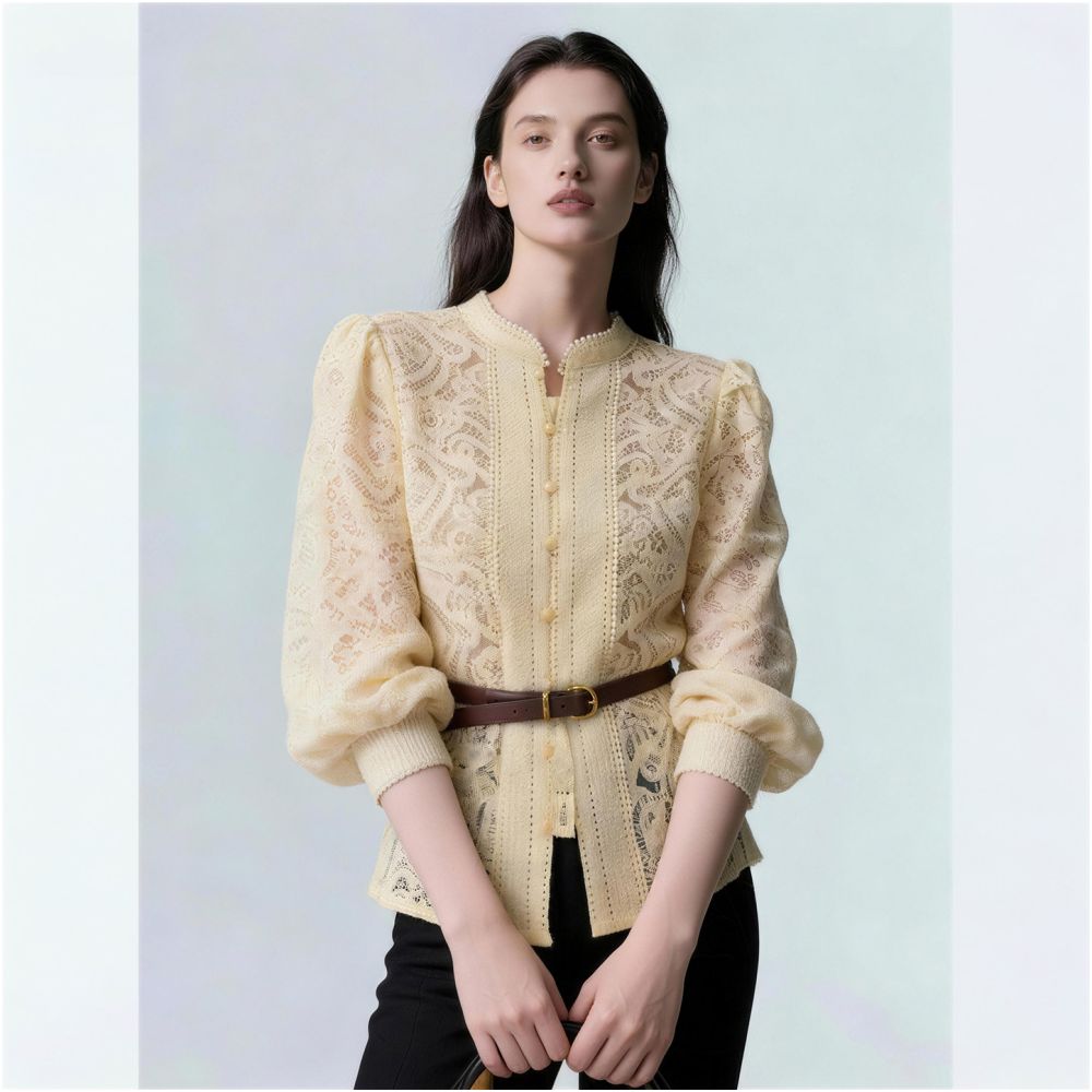 Unique and stunning pale yellow lace puff sleeve stand collar openwork embroidery fitted waist French style blouse for women perfect for Spring 2026 image 1