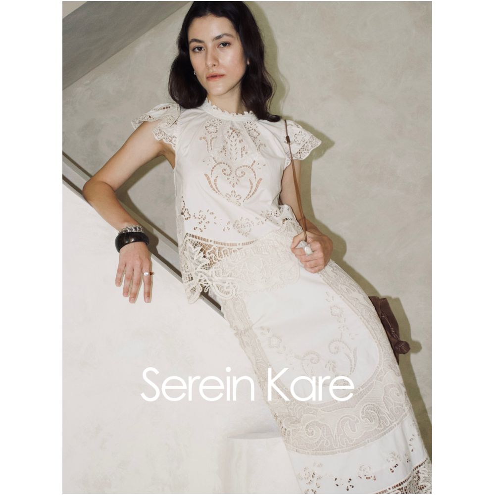 Serein Kare French lace crochet embroidered openwork flutter sleeve shirt top A line skirt image 1