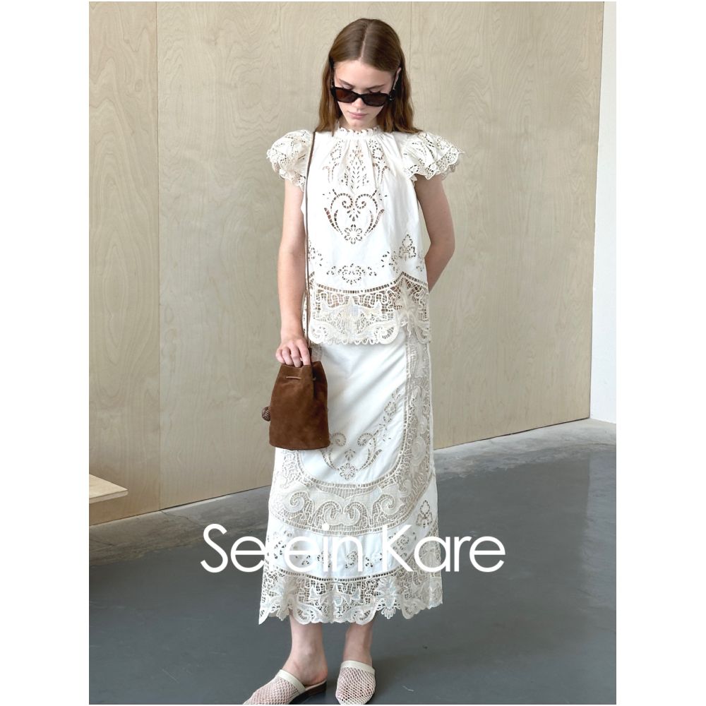 Serein Kare French lace crochet embroidered openwork flutter sleeve shirt top A line skirt image 2