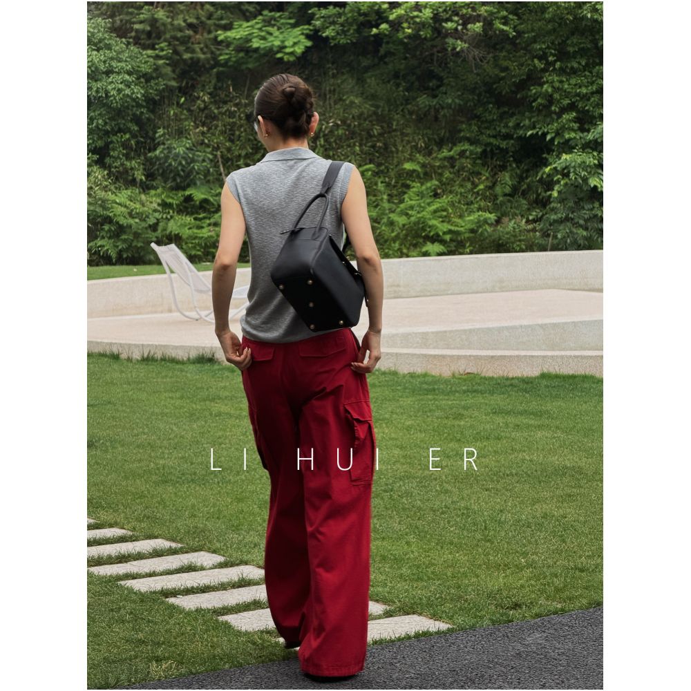LiHuiEr Beverly Hills Summer Brown Pure Cotton 3D Cut Straight Leg Cargo Pants for Women image 2