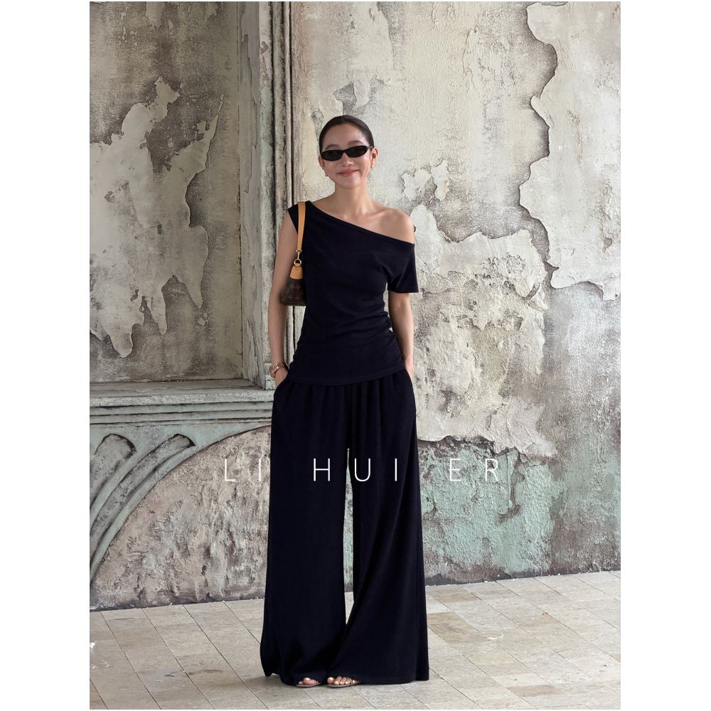 LiHuiEr Left Wheel Summer Night Summer Navy Blue Acetate Fiber Off Shoulder Short Sleeve T Shirt and Pants Set for Women image 0