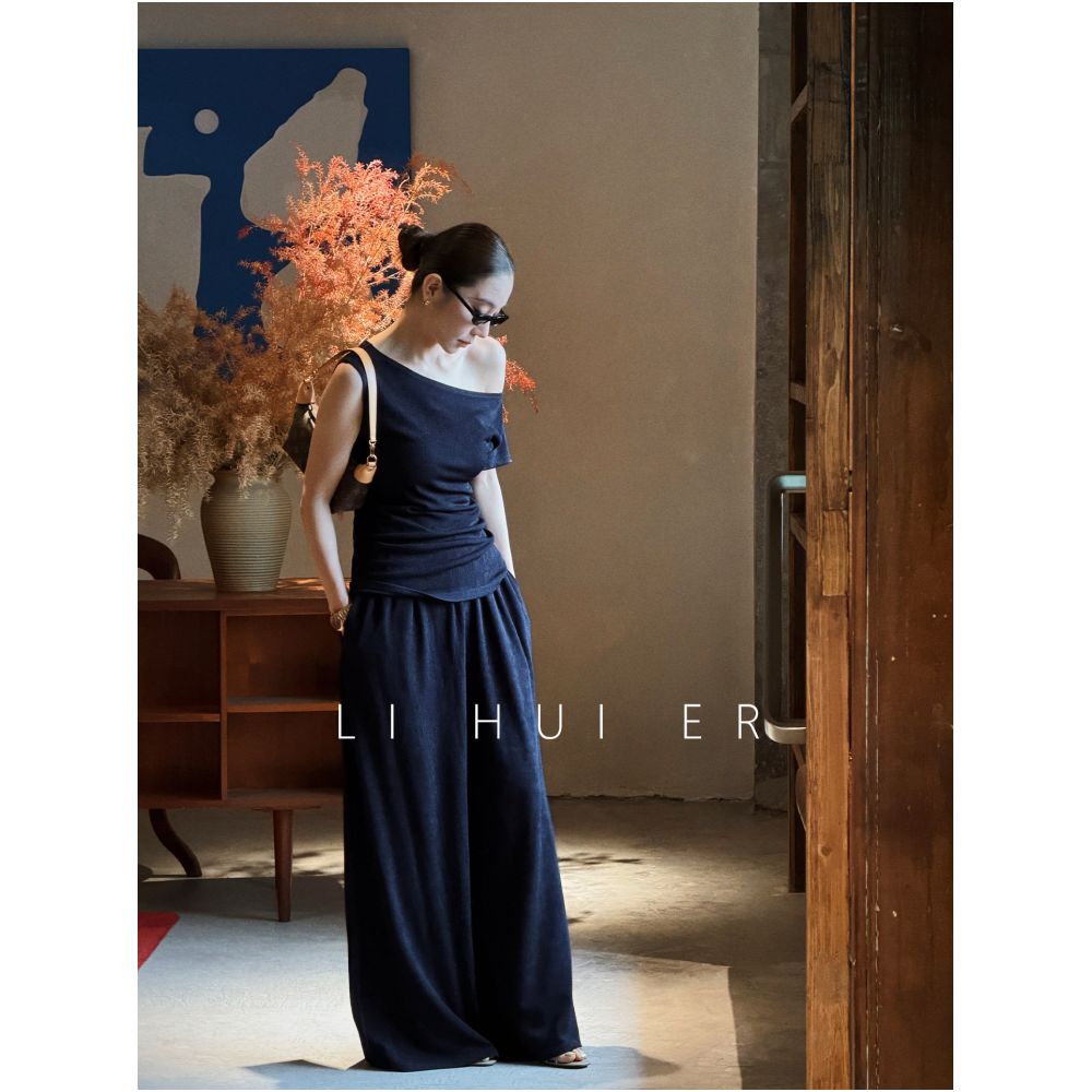 LiHuiEr Left Wheel Summer Night Summer Navy Blue Acetate Fiber Off Shoulder Short Sleeve T Shirt and Pants Set for Women image 1