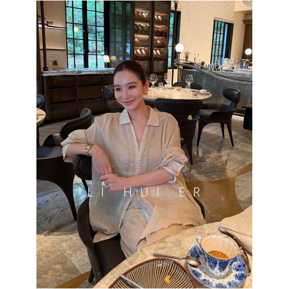 LiHuiEr Li Huier Ga and Pine Summer Beige V neck Long sleeved Ramie Shirt and Trousers Set for Women image 0