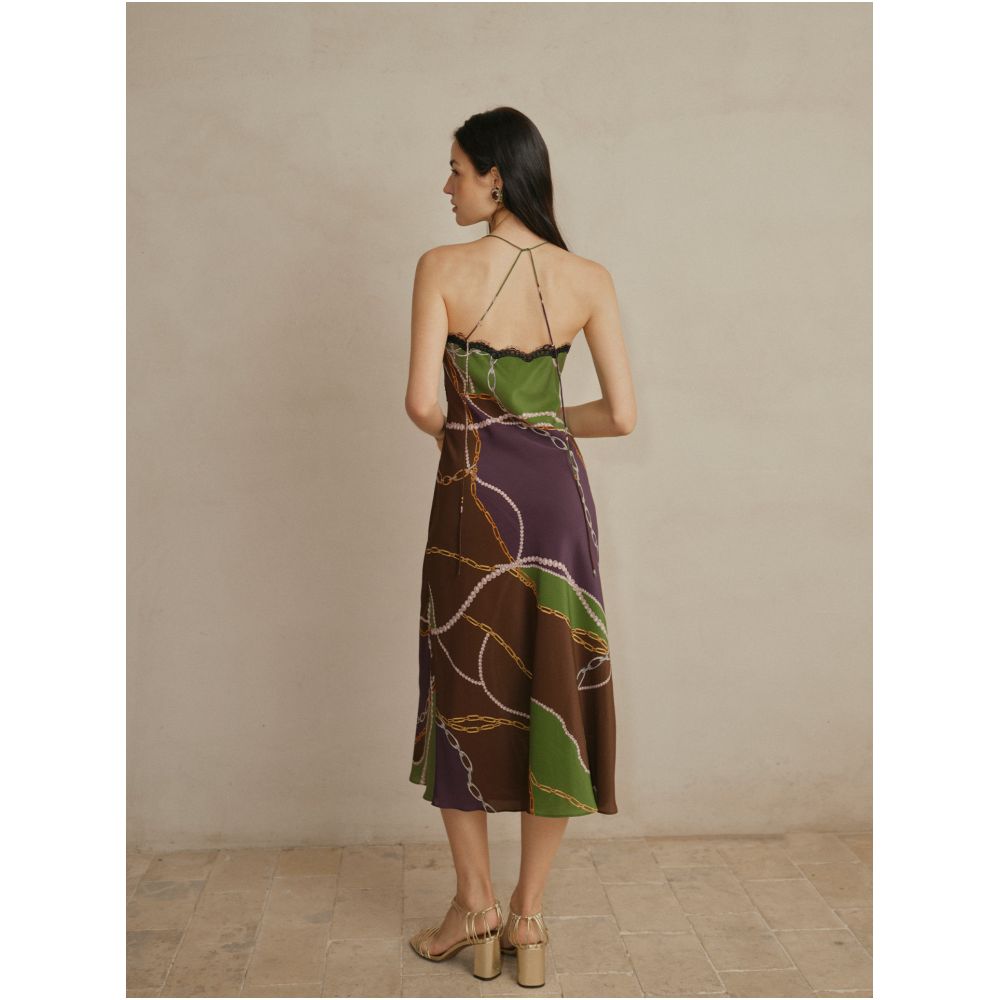 Daily Romance French style elegant silk halter dress with pearl and chain print lace trim image 2