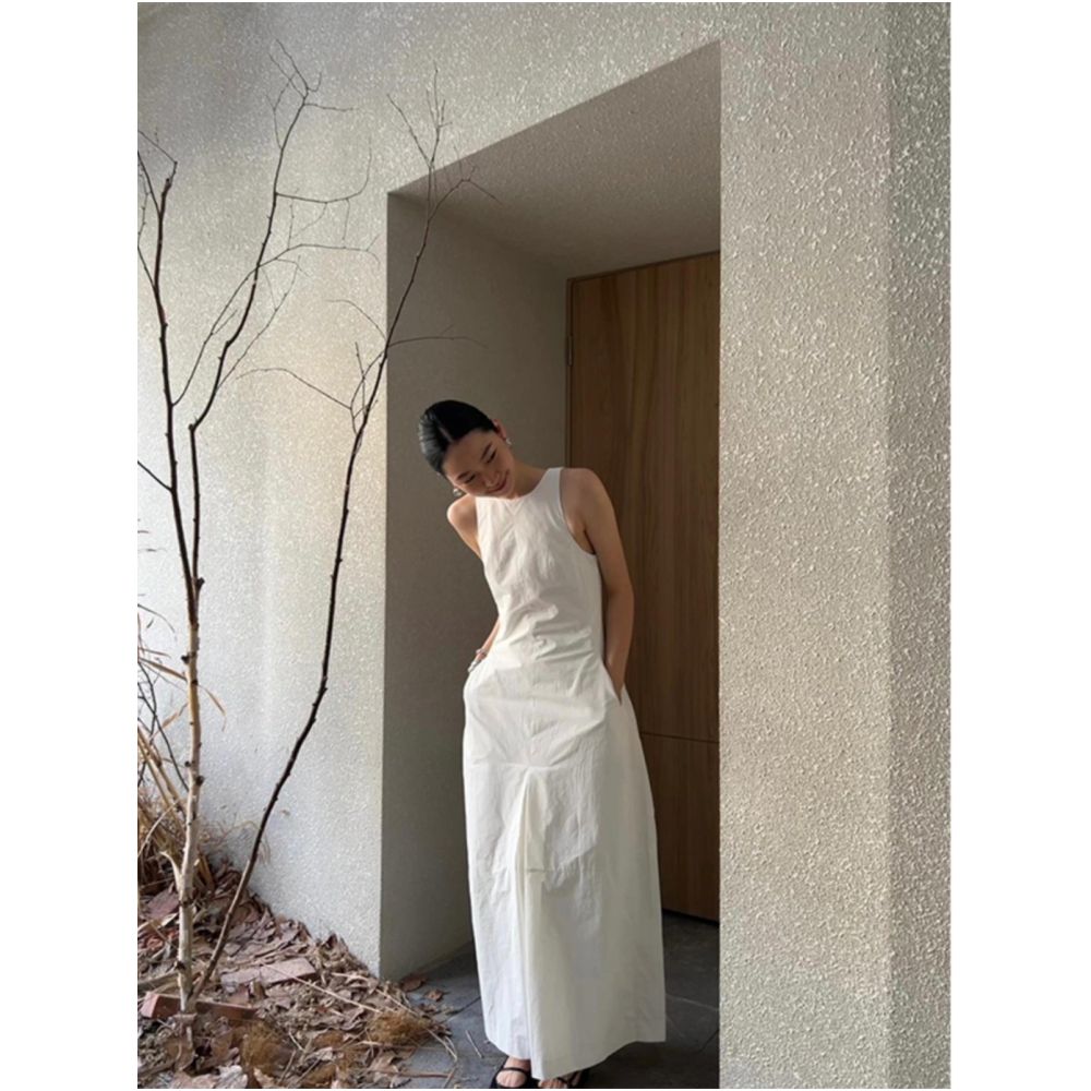Turn right Chen s thigh French style white sleeveless dress for women summer temperament retro slimming vest dress image 0