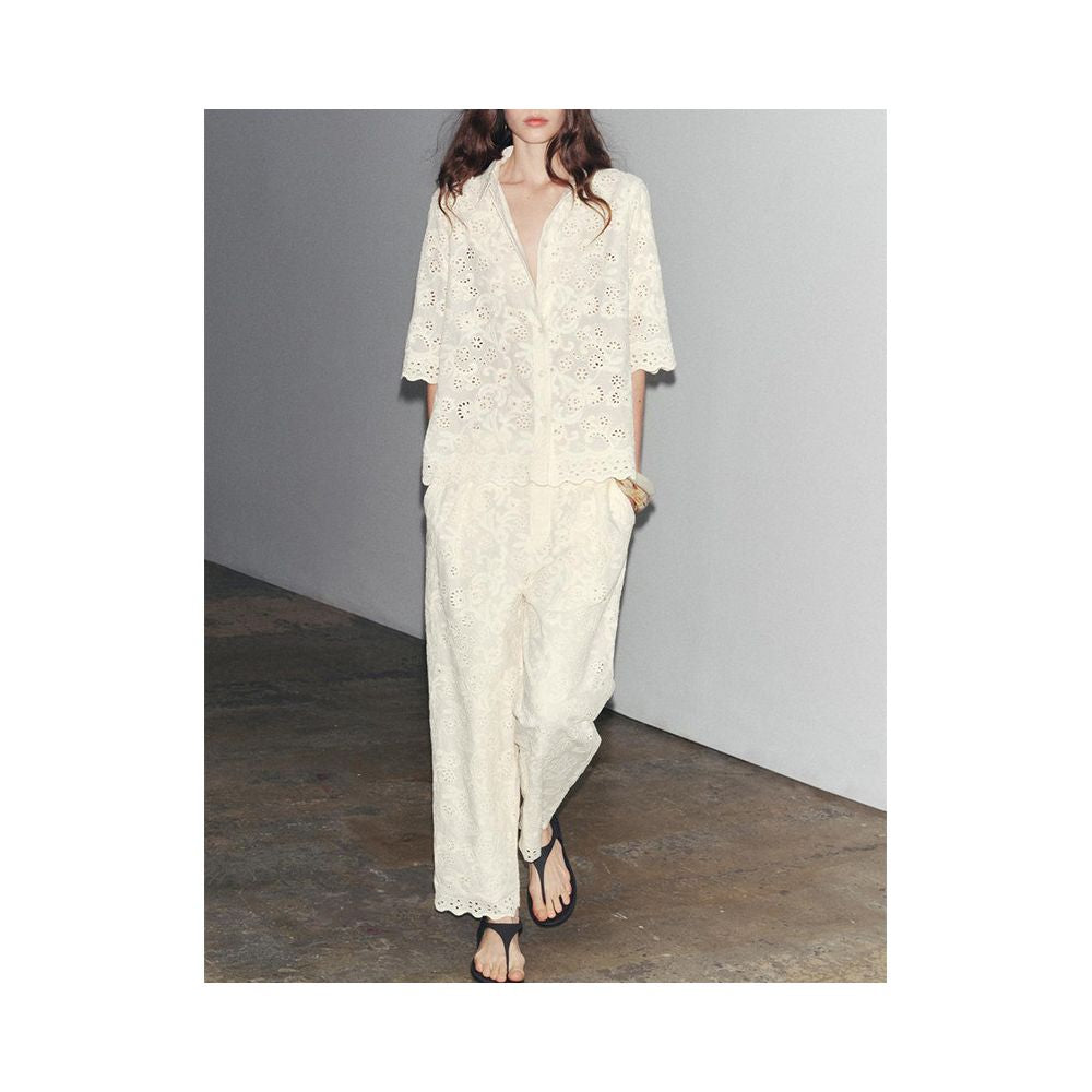 Short sleeved collared openwork embroidered shirt 2731063 Pleated mid waisted openwork embroidered trousers 2731064 image 1