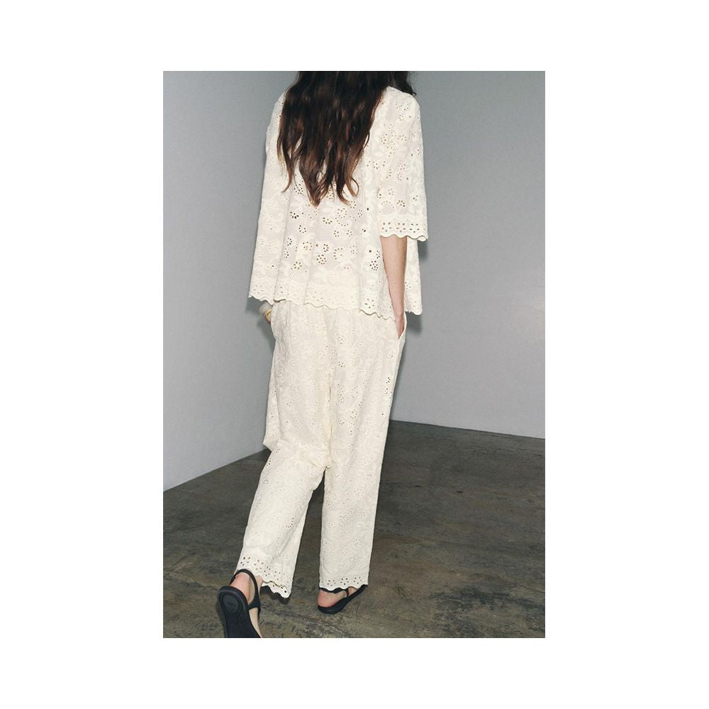 Short sleeved collared openwork embroidered shirt 2731063 Pleated mid waisted openwork embroidered trousers 2731064 image 3
