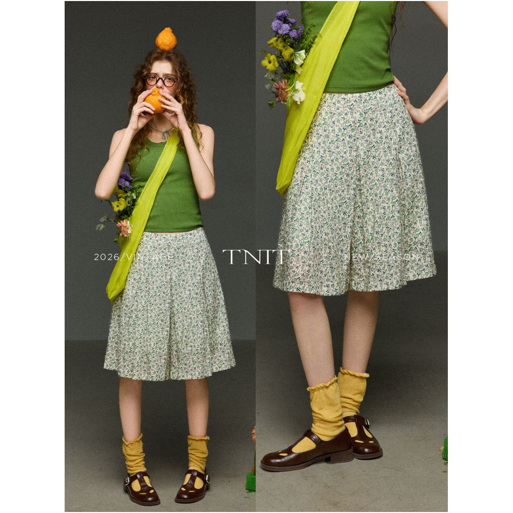 TNIT Retro Side Zipper High Waist Floral Pleated Slimming Skirt Pants Women s Summer Loose Straight Wide Leg Five Point Pants image 1
