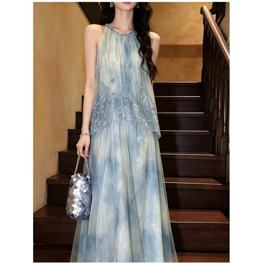 AVLINVA Flower Drink New Chinese Style Ruyi Yarn Beaded Embroidery Dress for Women Summer National Style Vest Long Skirt Trendy image 0