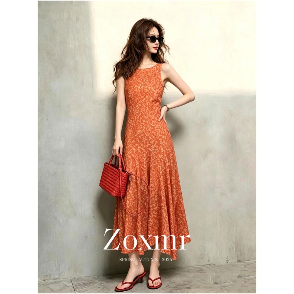 Exquisite summer floral print dress French beach vacation style fitted orange print sleeveless vest dress for women image 1