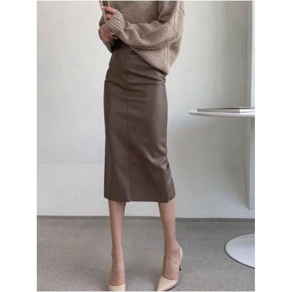 Haining High Quality Oil Wax Bodycon Mid Length Over the Knee High Waisted Long Skirt Elegant Women s Skirt Versatile Maillard Leather Skirt image 0