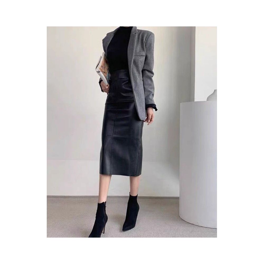 ASAYA7095 – Luxe Leather Midi Skirt 🖤✨