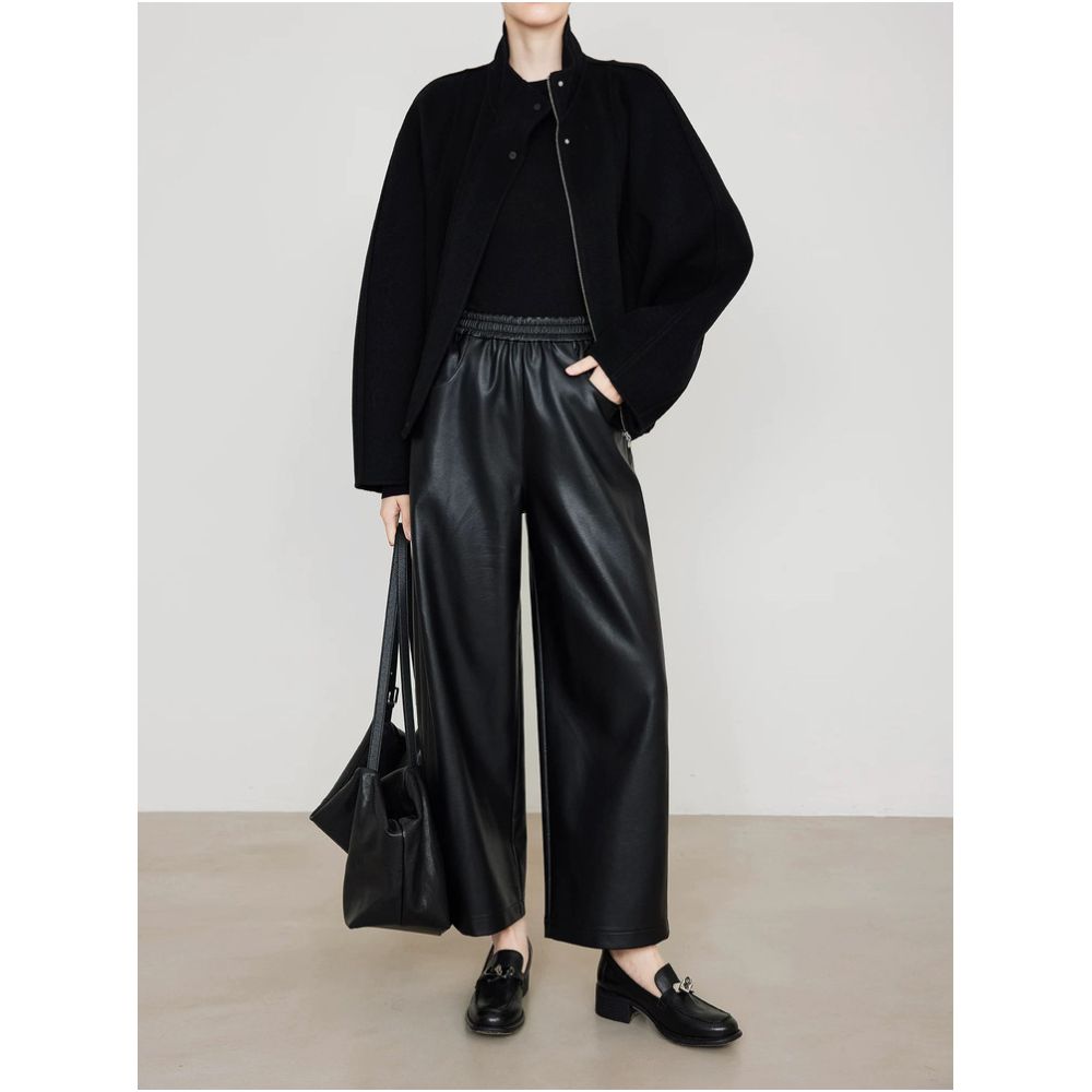 Haining original high quality leather pants cropped pants nine point pants fashionable and versatile high waisted autumn and winter Korean style wide leg pants image 0