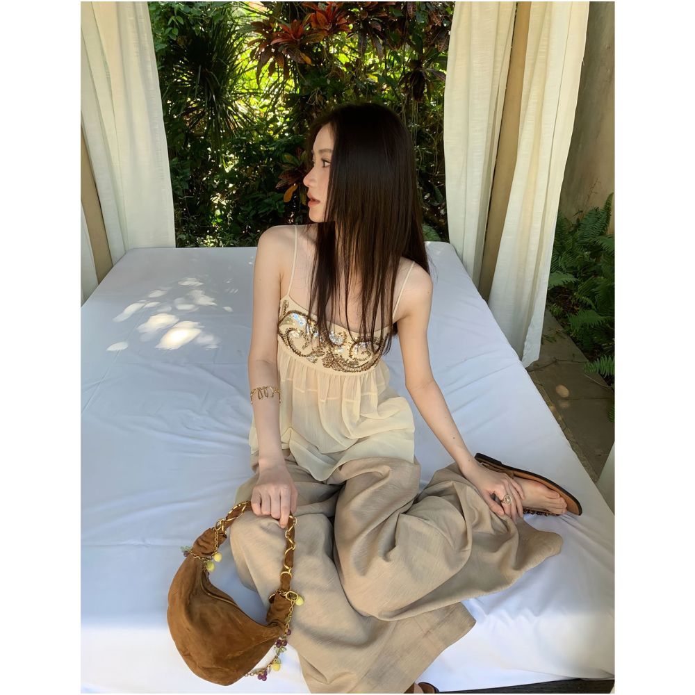 ASAYA7102 – Golden Glow Embellished Cami & Satin Wide-Leg Pants ✨🤎