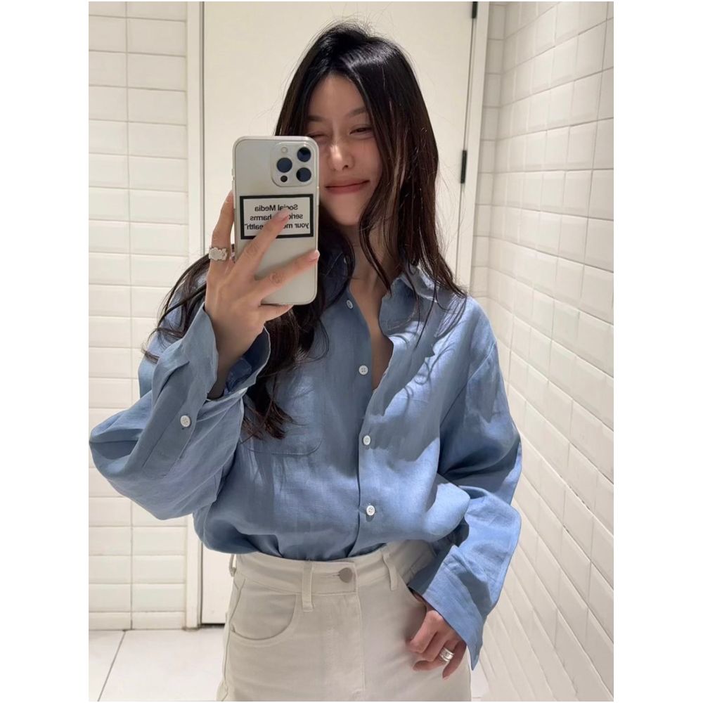 Krocchi Misty Blue Loose Linen Shirt for Women Spring 2025 Loose Shoulder Sleeves Pocket Shirt Relaxed Style image 0