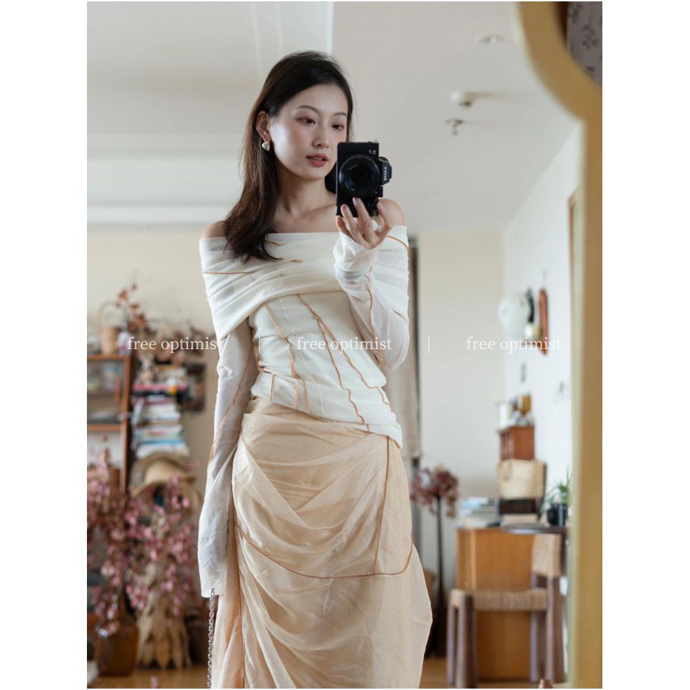 Free Optimist Pure and Desire Style Color Blocked Striped Design Off Shoulder T Shirt and Light Yellow Skirt Set for Autumn image 1