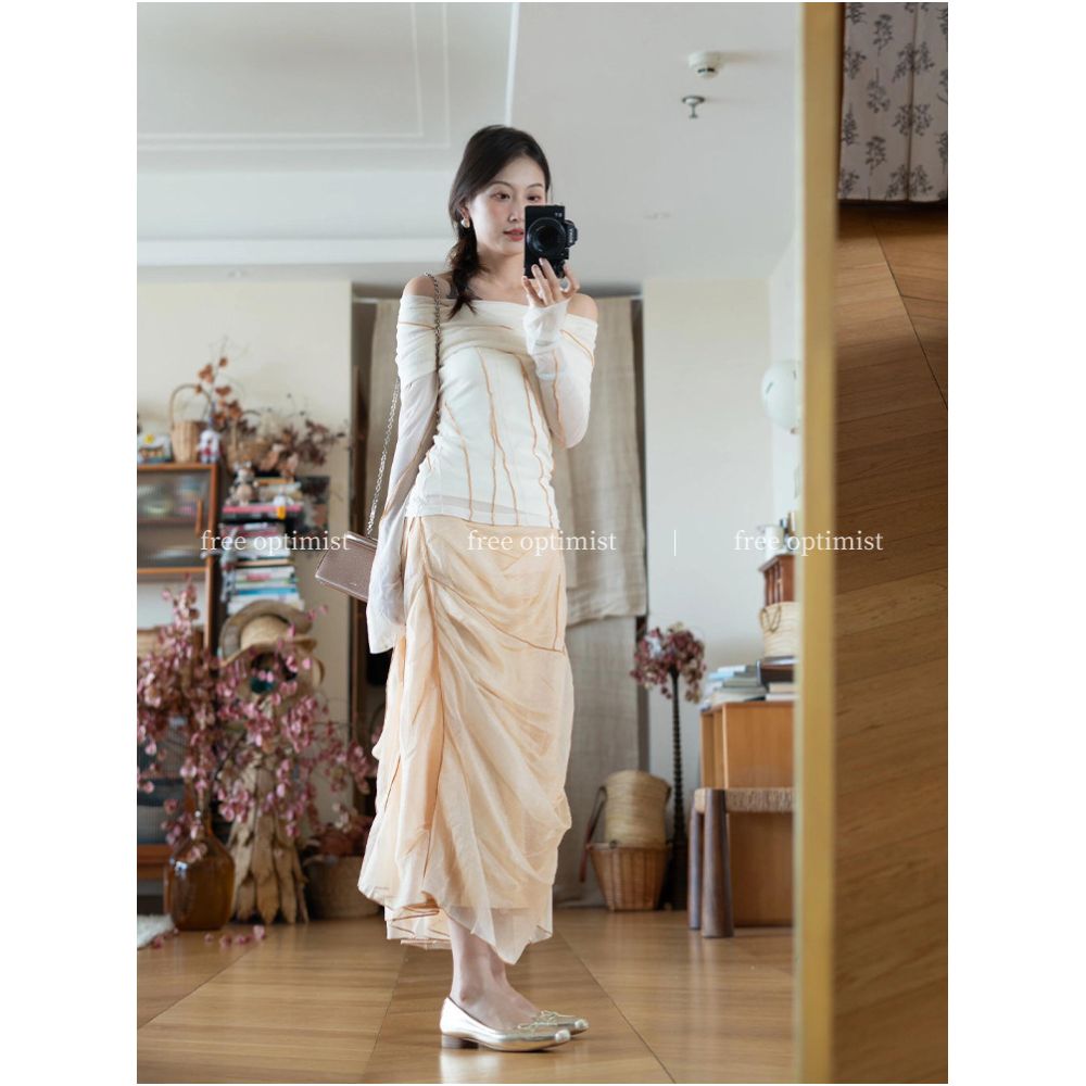 Free Optimist Pure and Desire Style Color Blocked Striped Design Off Shoulder T Shirt and Light Yellow Skirt Set for Autumn image 2