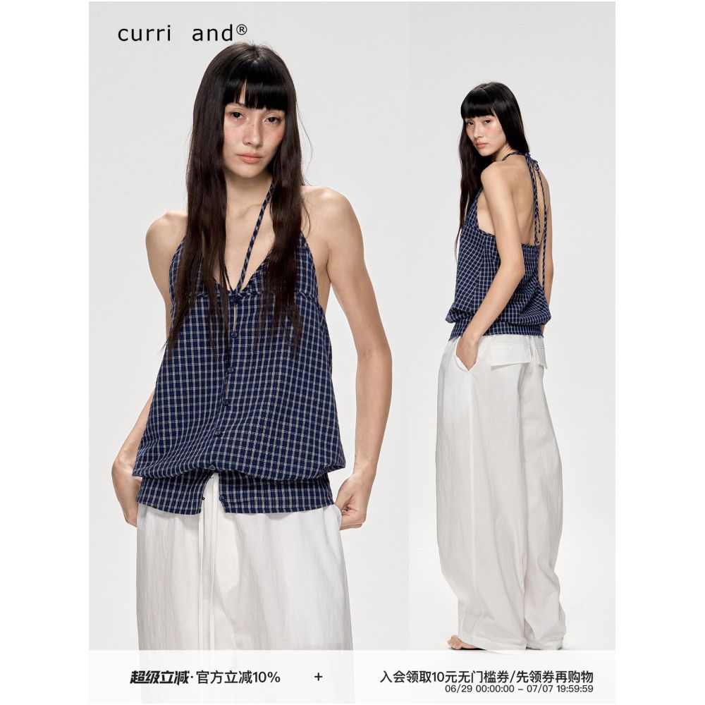 Curriges Summer Backless Sleeveless Plaid Faux Two Piece Halter Neck Tank Top for Women image 0