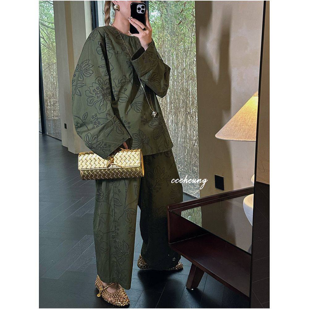 Xi Yixi Qingzhuiying Original French Relaxed Style Hollow out Print Shirt and Cropped Pants Set 6DA V8005 image 1