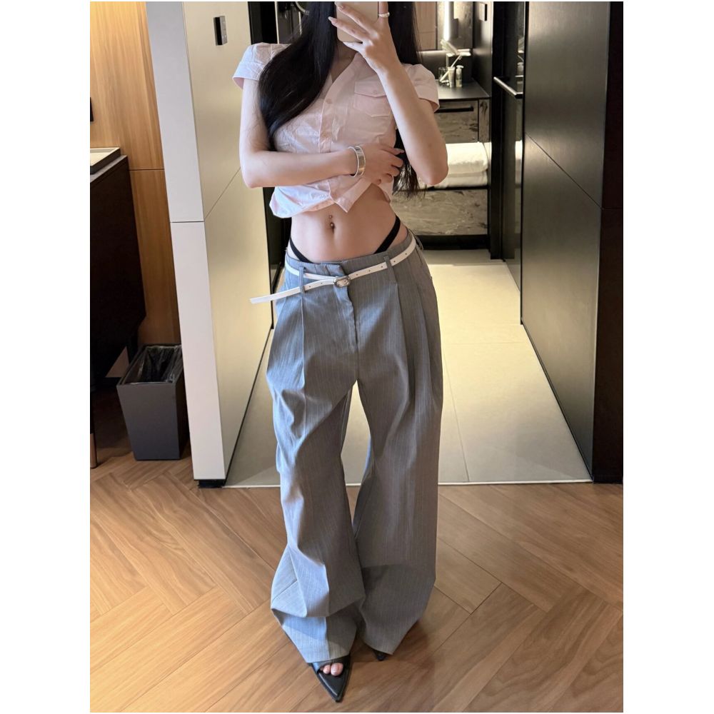 Need Money Hollywood Double Pleated Three Dimensional Cut Striped Straight A Line Truffle Blended Trousers for Commuting and Casual Wear image 0