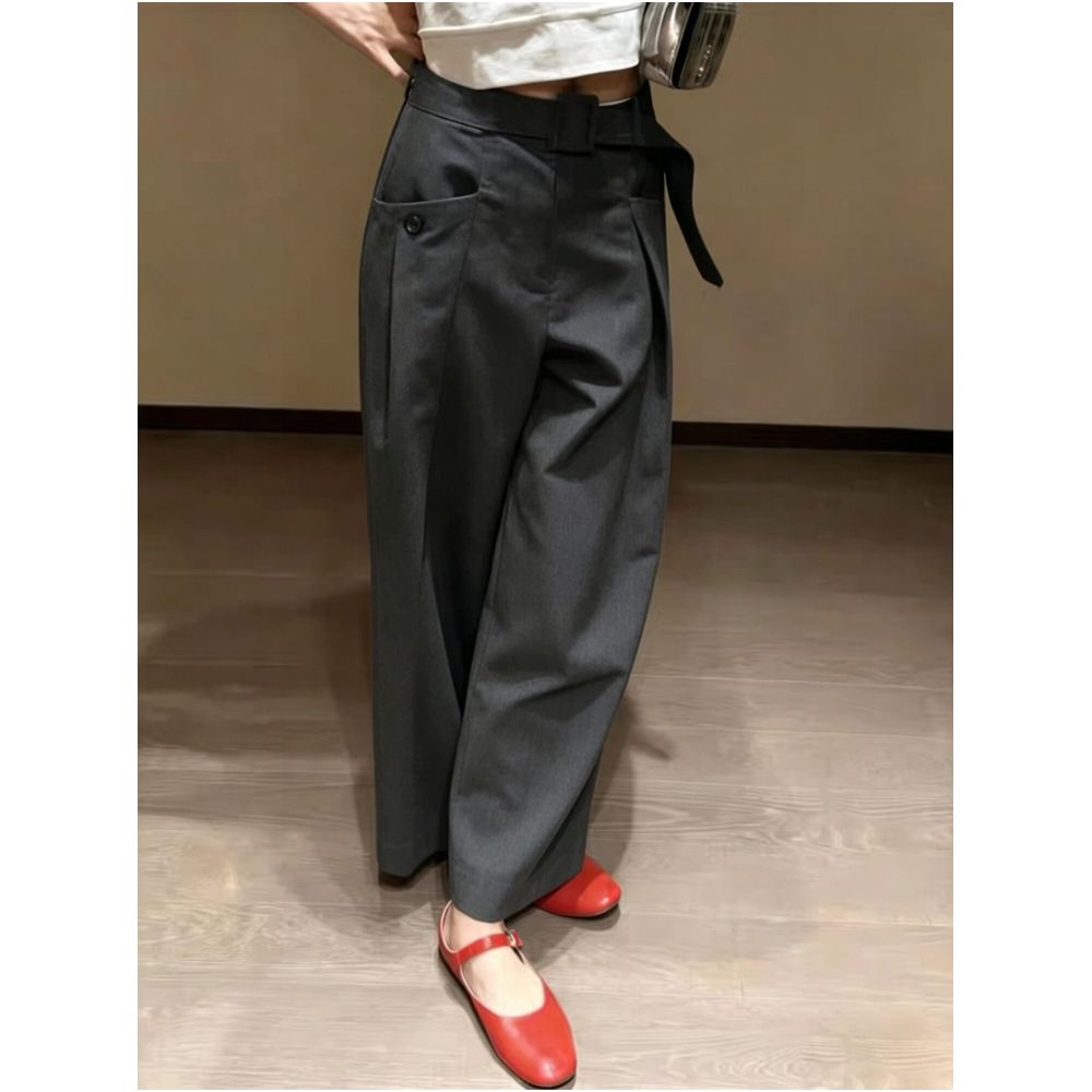 Niche and chic belted casual pants 2026 summer style women s classic and sophisticated dark gray wide leg pants image 0