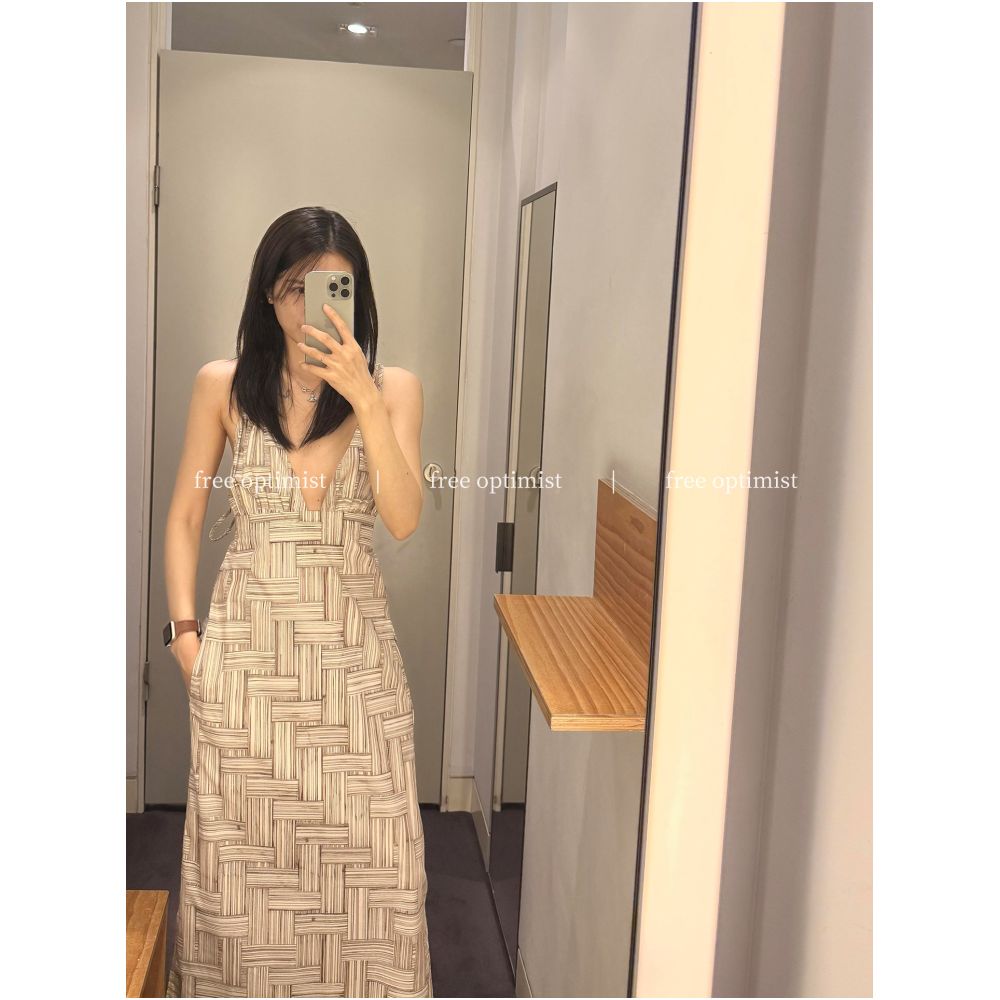 Free Optimist Printed V neck Backless Dress Women s 2025 Summer New Casual A line Suspender Long Dress image 1