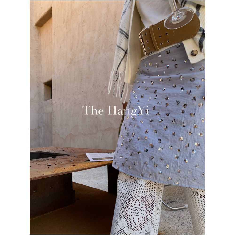 The HangYi Spring Summer Trendy Design Versatile Blue Sequin A line Skirt High Waist Slimming Women image 0
