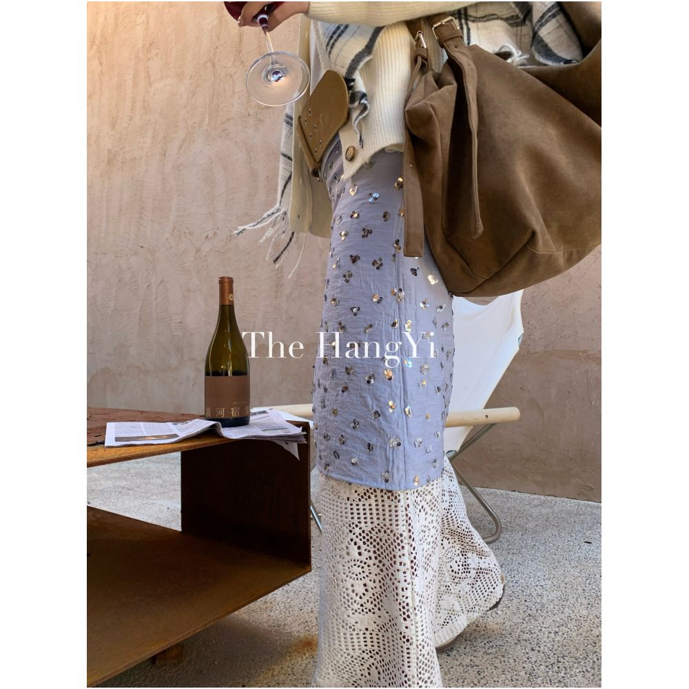 The HangYi Spring Summer Trendy Design Versatile Blue Sequin A line Skirt High Waist Slimming Women image 2