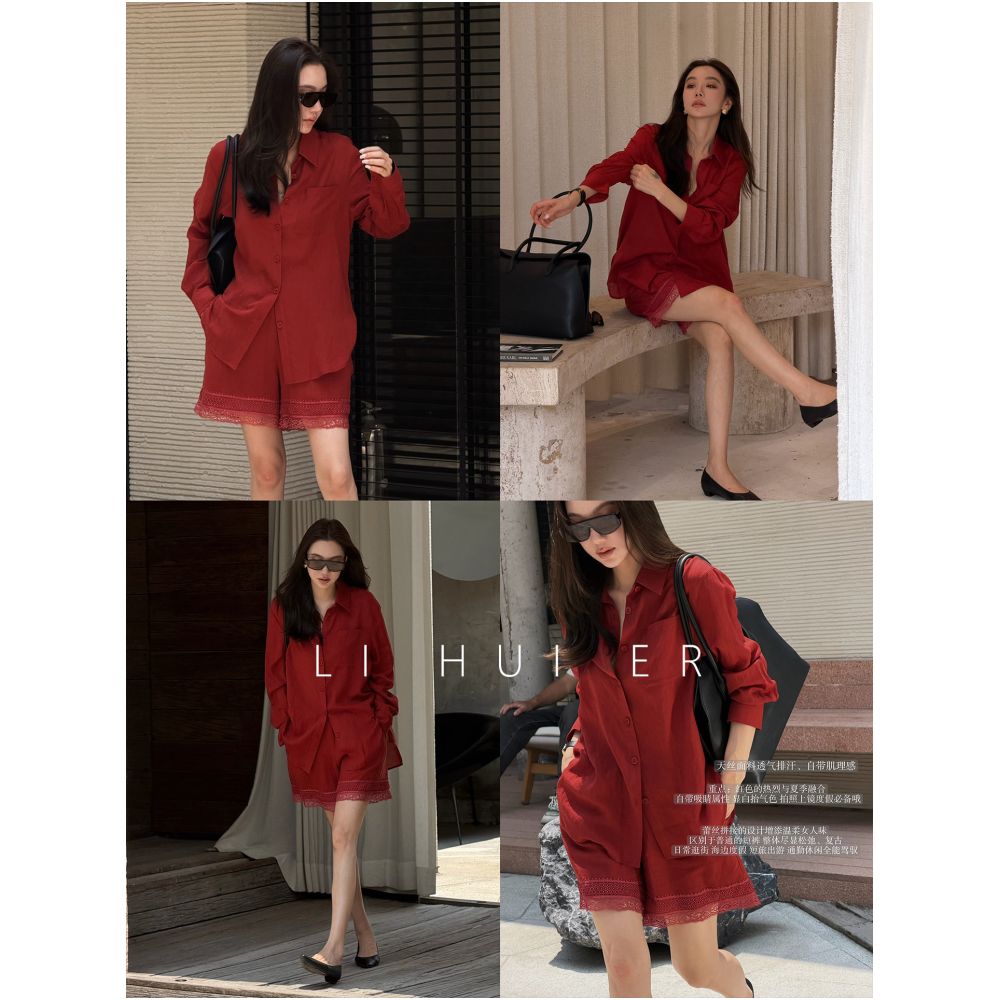 LiHuiEr Summer Date Red Lyocell Tencel Linen Long Sleeved Shirt and Shorts Set for Women image 0