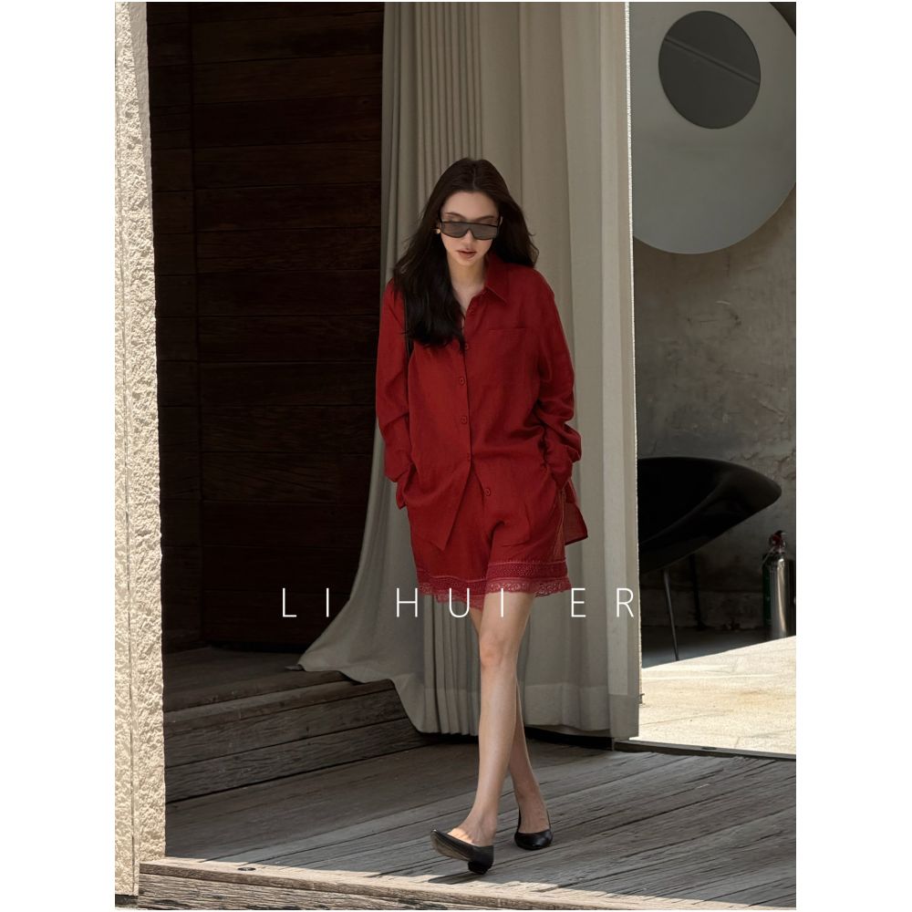 LiHuiEr Summer Date Red Lyocell Tencel Linen Long Sleeved Shirt and Shorts Set for Women image 1