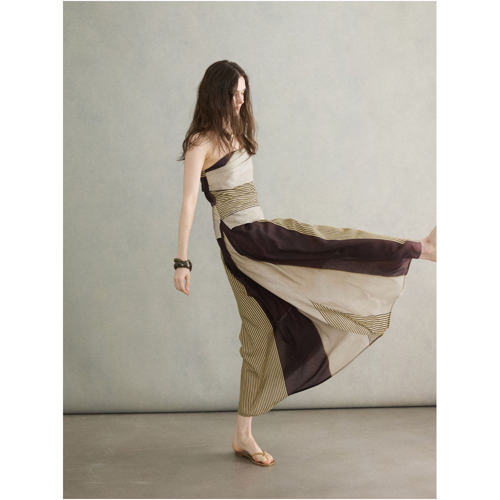 moofeel Tencel Linen Striped Print Midi Skirt High Waisted A Line Design Summer Style image 0