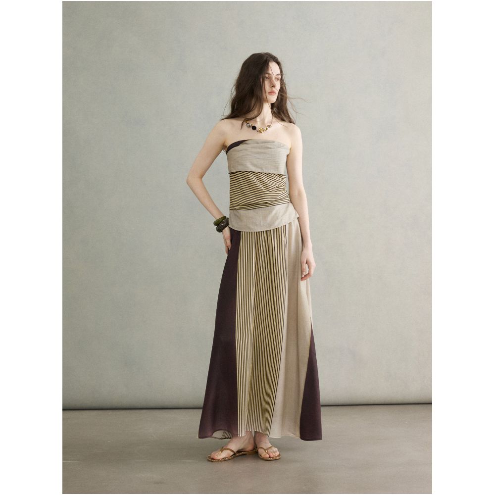 moofeel Tencel Linen Striped Print Midi Skirt High Waisted A Line Design Summer Style image 2