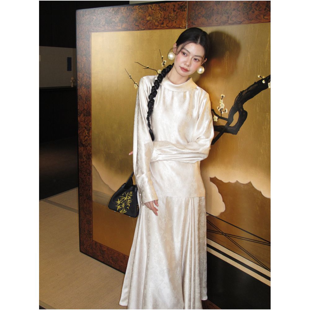 Yamakawa s The Moon Shines Brightest in My Hometown Acetate Pattern Jacquard Swing Collar Shirt Asymmetrical Skirt image 1