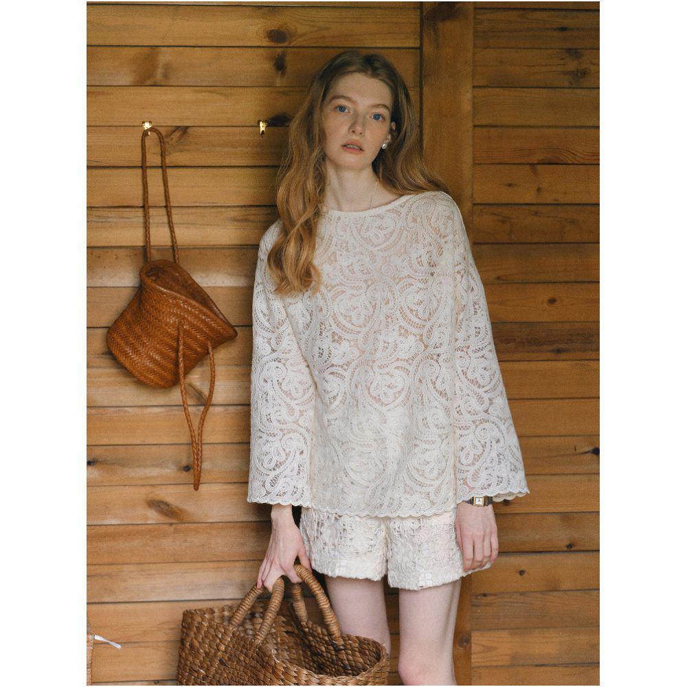 Clean Sense French style relaxed and romantic three dimensional crochet embroidery hollow elastic waist apricot shorts image 0