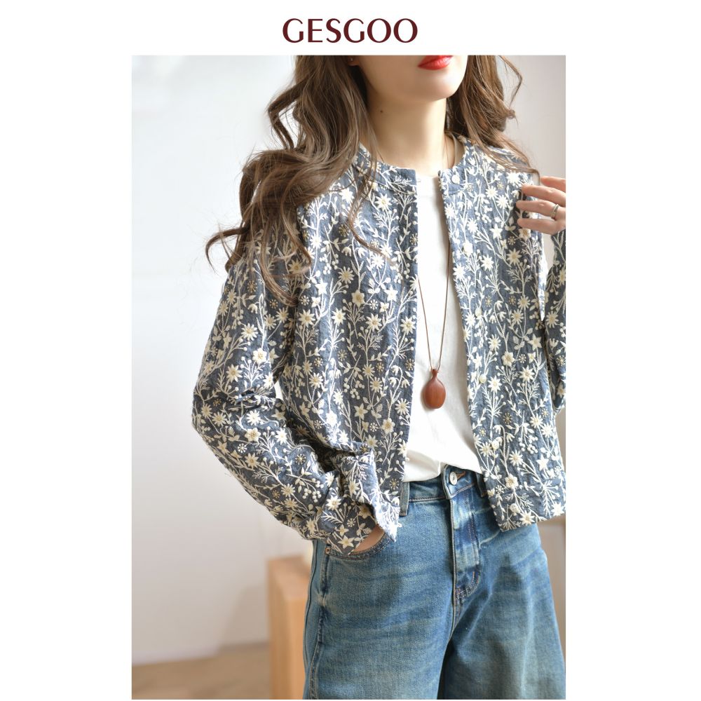 GESGOO Women s Design Embroidered Short Jacket Spring Commute Slimming Round Neck Literary Top Stylish Retro image 2