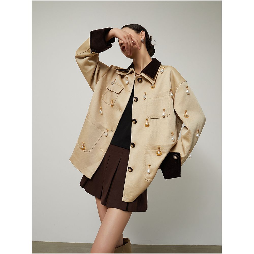 Barn style apricot patchwork jacket unique and beautiful for women with a sophisticated old fashioned Chanel inspired look perfect for Fall 2026 image 2