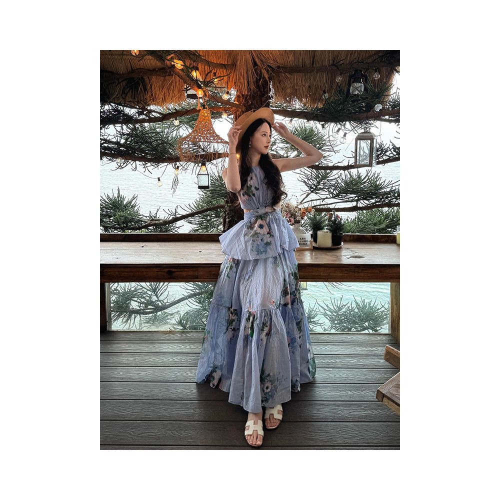 LOAMAR STUDIO Blue Halter Neck Backless Floral Top and Skirt Two Piece Set for Women Summer 2025 Sexy image 0