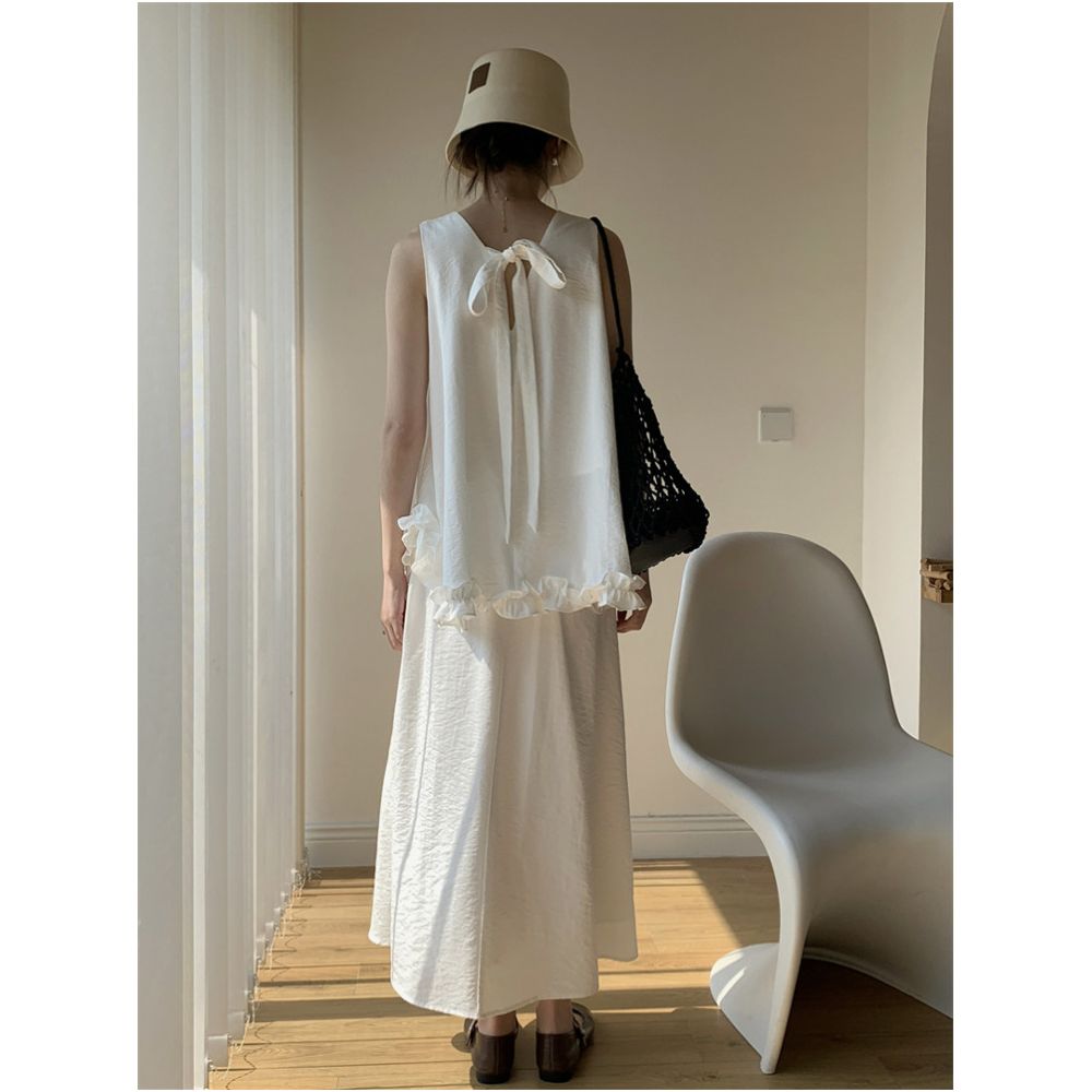 Aowen 2026 Summer Fashion Set Backless Bow Tie Sleeveless Ruffled Top Solid Color Skirt image 0