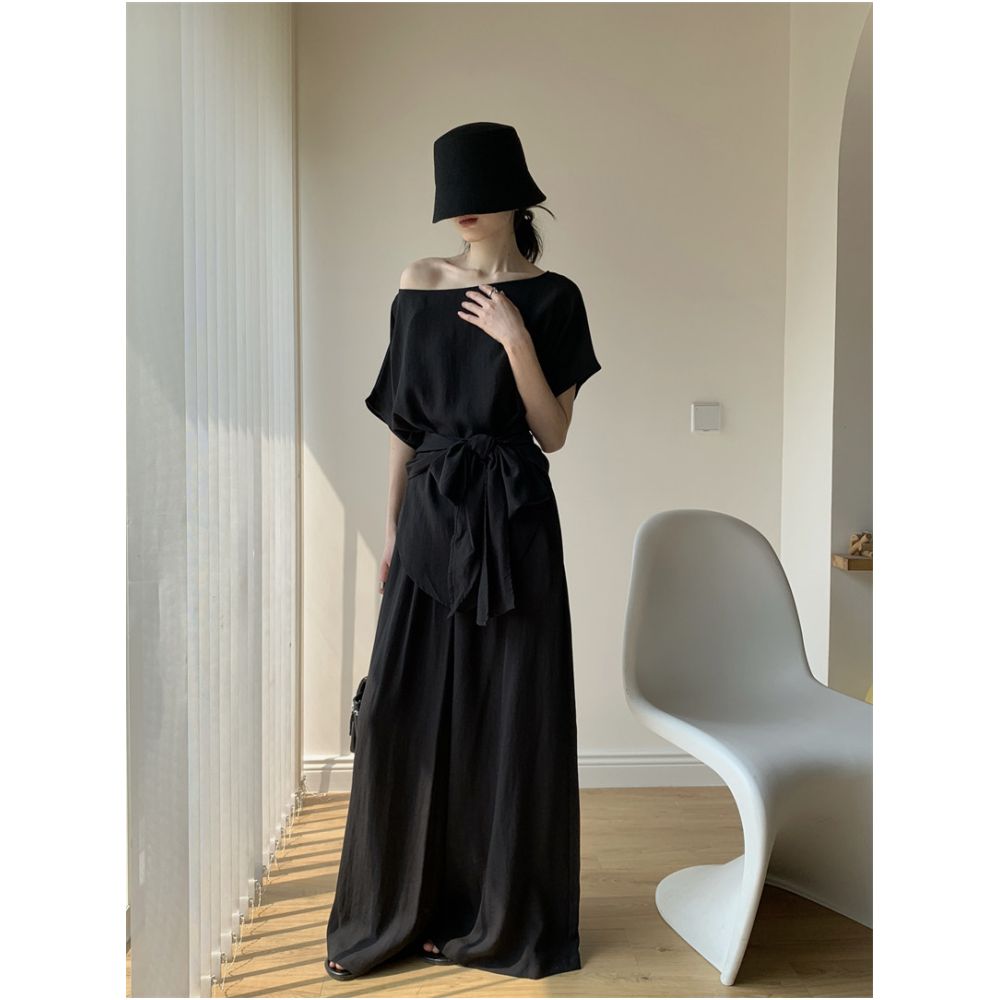 AoWen 2026 Summer Atmosphere Set Asymmetrical Off Shoulder Short Sleeve Tie Up Top Wide Leg Floor Length Pants image 3