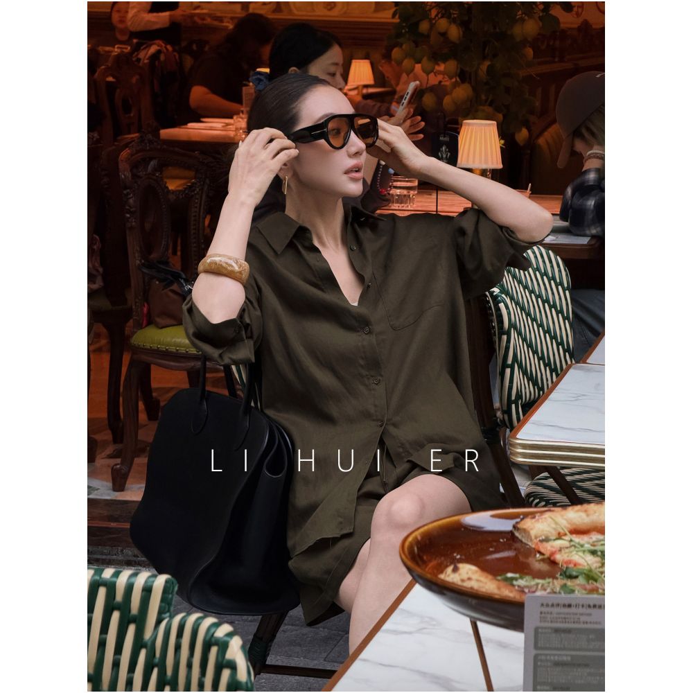 Li Hui Er Summer Vine Military Green Summer Linen Shirt Shorts Thin Suit for Women image 2