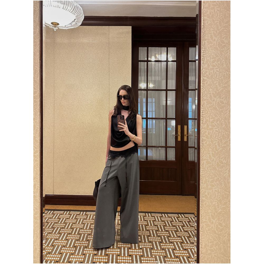 0122stepll Restrained Romance Gray Lace Casual Trousers for Women Summer Relaxed Fit Wide Leg Pants image 1