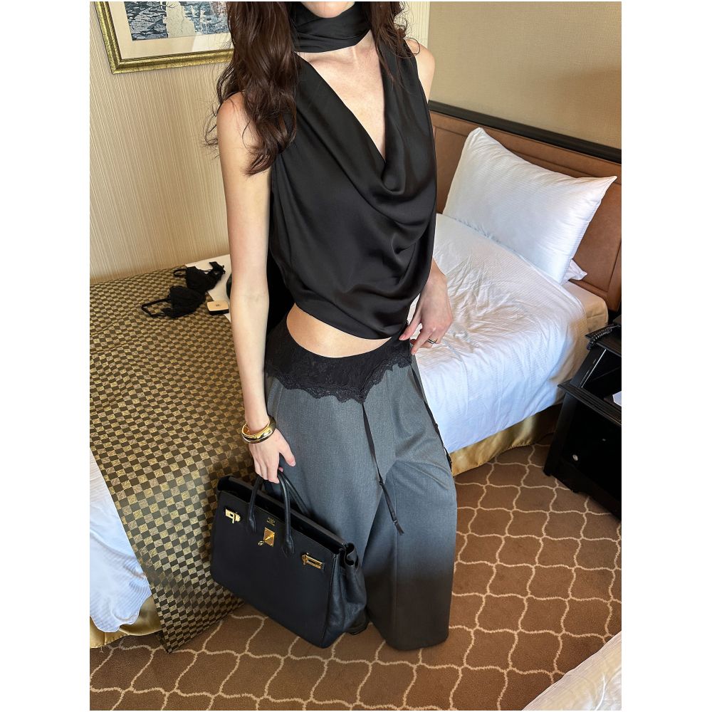 0122stepll Restrained Romance Gray Lace Casual Trousers for Women Summer Relaxed Fit Wide Leg Pants image 2