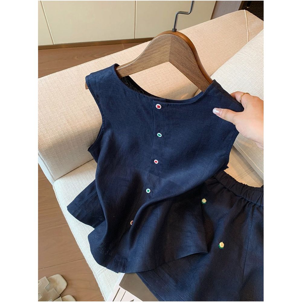 Retro navy blue embroidered floral vest set unisex summer versatile round neck sleeveless top and shorts two piece set image 1