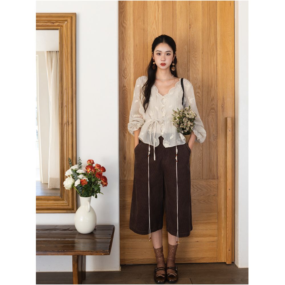 LAZYZ French style embroidered V neck top for women spring 2026 new style waist cinching belted short breathable sun protective shirt image 0
