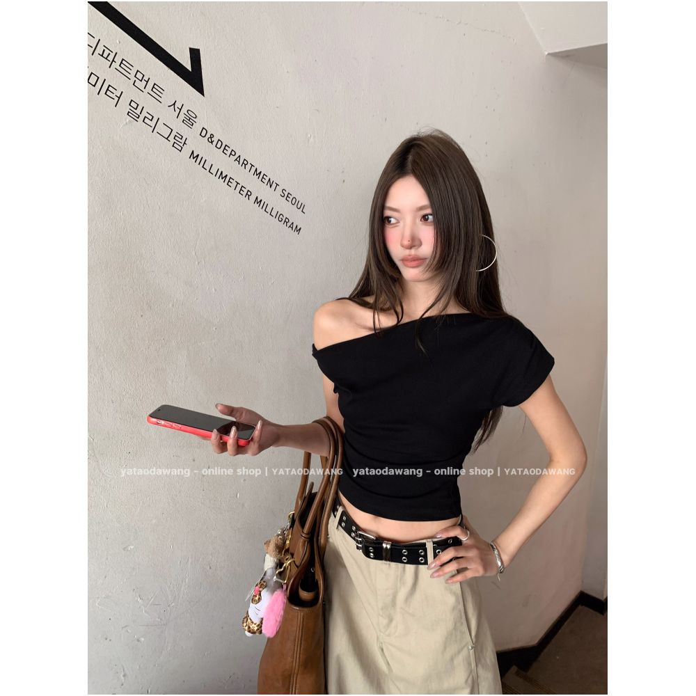 Braces wearing Angela Off the shoulder fitted short sleeved T shirt a unique and beautiful inner layer for a sophisticated look image 0